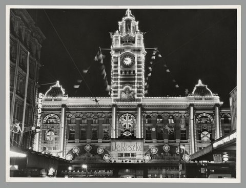 Flinders Street Railway Station (Elizabeth Street entrance), illuminated for Royal Visit, 1954