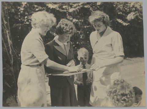 Fay Sloan, Mary Foster and Elspeth Bennett, at Elspeth's kindergarten, East Brighton, 1940s