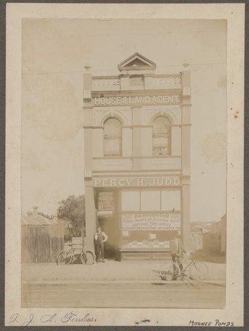 Double storey office of Percy H. Judd, house & land agent, Moonee Ponds, 1890–1920