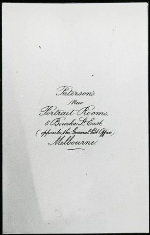 Photograph of verso of carte-de visite from Paterson's New Portrait Rooms, 8 Bourke Street East, Melbourne, 1900–50