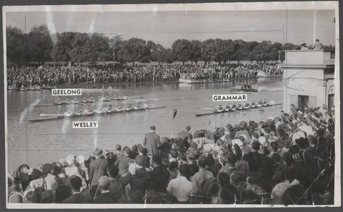 Finish of Head-of-River showing Wesley winning by a third of a length from Geelong College with Melbourne Grammar three-quarters of a length away third, 1947