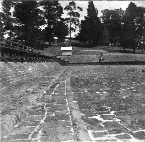 "Malmsbury Reservoir showing valve tower, by-wash, overfall, Ogee drop, outlet works and training wall", 1938?