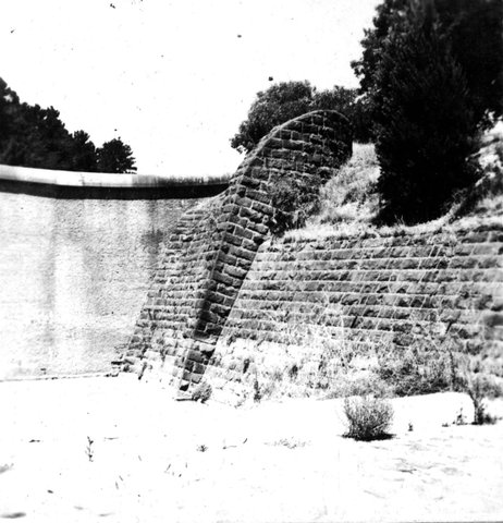 "Malmsbury Reservoir showing valve tower, by-wash, overfall, Ogee drop, outlet works and training wall", 1938?