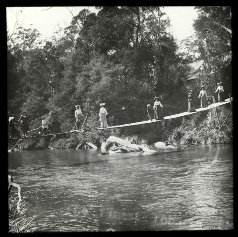 Women and children on a swing footbridge over the Yarra River, Victoria, 1909