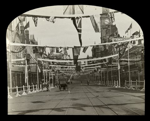 Bourke Street decorated for the visit of the American Navy Fleet, Melbourne, 1908