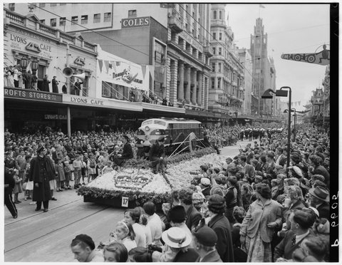 Moomba Festival VR float in procession down Swanston Street, Melbourne, 1954