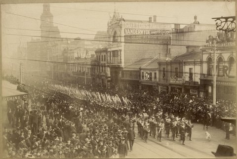 Procession in honour of Queen Victoria's Jubilee 1897 in Bourke Street between Swanston and Elizabeth Streets