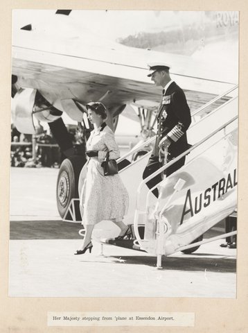 Her Majesty stepping from 'plane at Essendon Airport, 1954