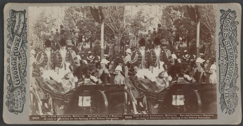 Duke of York Celebrations, Melbourne. Earl and Countess of Hopetoun en route to Exibition for the Opening of the Federal Parliament, 1901