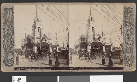 "Duke of York Celebrations, Melbourne. Railway Tower, Flinders Street Station.", 1901