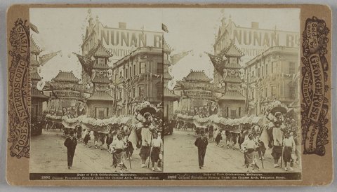 Duke of York Celebrations, Melbourne. Chinese Procession Passing Under the Chinese Arch, Swanston Street, 1901