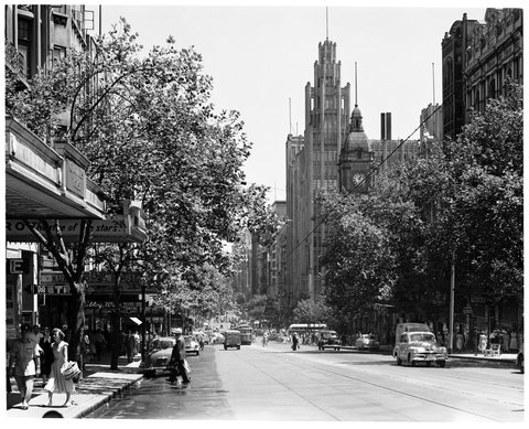 Manchester Unity Building towers above Collins Street, 1954