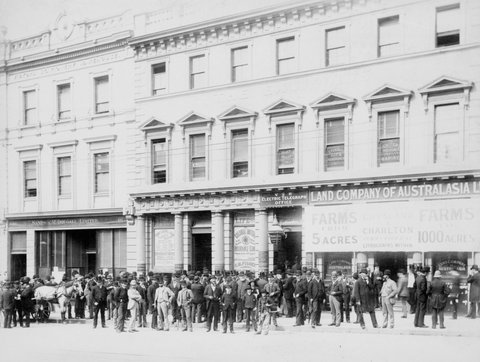 Sands & McDougall Limited, 46 Collins Street West and The Exchange building, 48 Collins Street West, shown with a crowd of men outside, 1888?