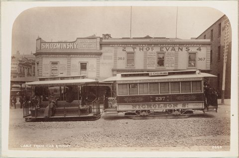 Cable tram car and dummy [in Bourke Street, showing building of S. Kozminsky], 1892–1900