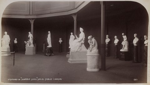 Statuary in "Marble Hall", Melb[i.e. Melbourne] Public Library [showing the Rotunda with works by Charles Summers], 1892–1900