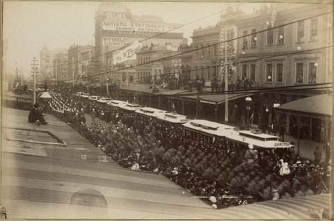 Procession of cable trams in Swanston Street west, looking south from Bourke Street, 1892–1900