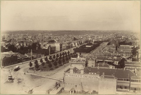 Victoria Parade [showing Victorian Eye & Ear Hospital, East] Melbourne, 1892–1900