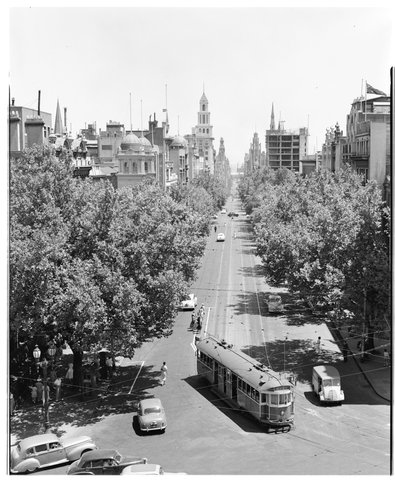 Elevated view of the east end of Collins Street, 1954