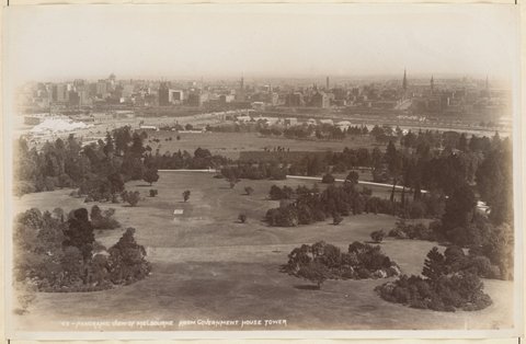 Panoramic View of Melbourne from Government House Tower [includes the circus, St Kilda Road], 1886–87