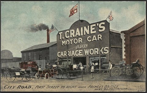 T. CRAINE'S MOTOR CAR and CARRIAGE WORKS. City Road, First Street to right over Princes Bridge next GLACIARIUM, c. 1906