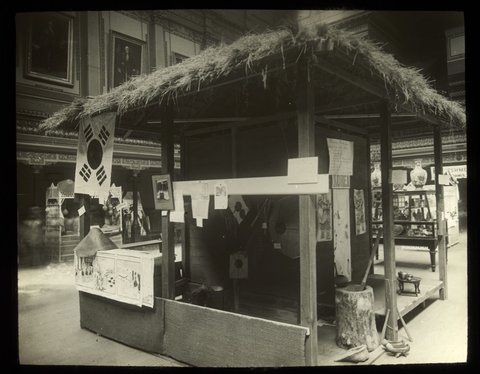 Stall at the Missions Bazaar?, Melbourne Town Hall, showing the arts of Korea, 1915–24