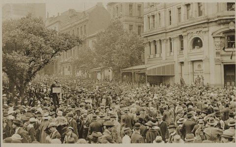 Armistice Day in Melbourne. 1918. Corner Collins & Swanston St, c. 1918