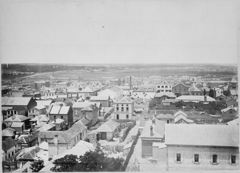 [Shows Little Bourke Street between William and Queen Streets] : from the tower of Dr Fitzgerald's residence Lonsdale Street West, 1869
