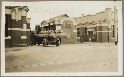 Two horses pulling wagon load of logs into Bryant & May Richmond picture, 1928