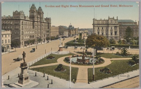 Gordon and Eight Hours Monuments and Grand Hotel, Melbourne, 1909?