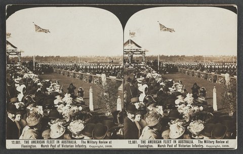 THE AMERICAN FLEET IN AUSTRALIA. The Military Review at Flemington. March Past of Victorian Infantry, c. 1908