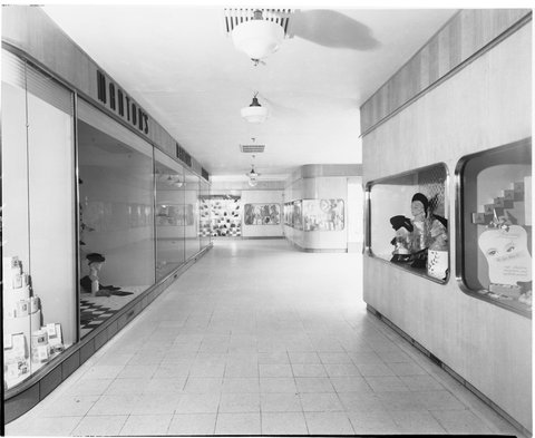 Corridor with display cabinets, Manton's Department Store, Bourke Street, Melbourne, c. 1943
