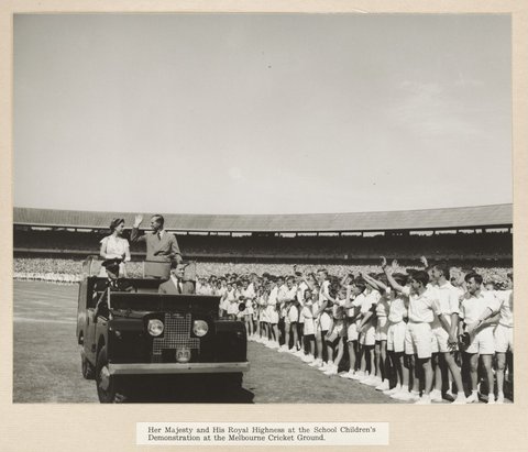Her Majesty and His Royal Highness at the School Children's Demonstration at the Melbourne Cricket Ground, 1954