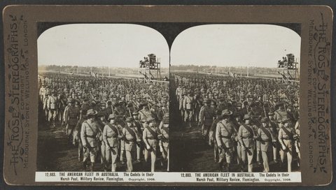 THE AMERICAN FLEET IN AUSTRALIA. The Cadets in their March Past, Military Review, Flemington, c. 1908