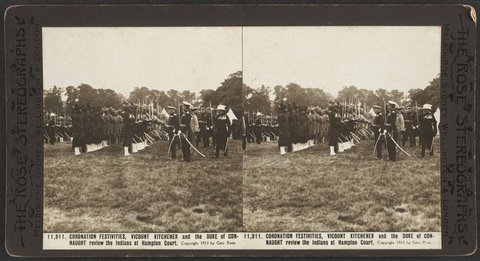 CORONATION FESTIVITIES, VICOUNT [i.e. Viscount] KITCHENER and the DUKE of CONNAUGHT review the Indians at Hampton Court, c. 1911