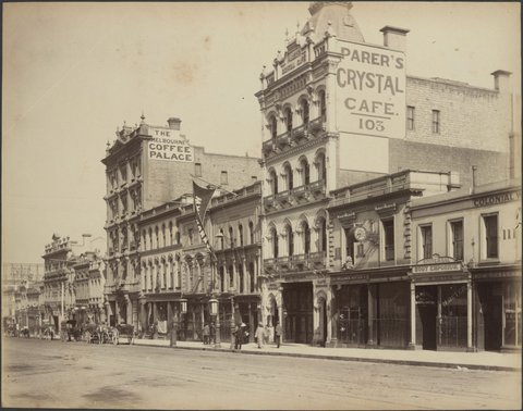 Bourke Street, north side between Russell and Swanston Streets showing Parer's Crystal Cafe at No. 103, The Melbourne Coffee Palace and Kreitmayer's Wax Works, 1888?