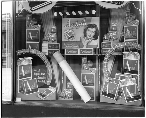 Display window for Ardath Cigarettes at the Federal Hairdressing Salon, probably at the Federal Hotel, 541 Collins St., Melbourne, 1949