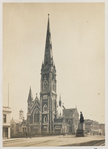"Scotts i.e. Scots Church. Collins Street. shows Charles Summers' statue of Burke & Wills, in the intersection of Collins and Russell Streets, Melbourne", 1875