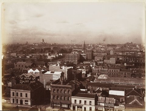 View of Melbourne from Queen Street, showing Exhibition Buildings in the background, 1876–94