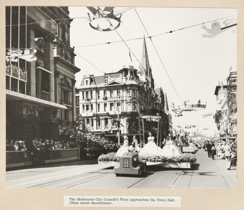 The Melbourne City Council's Float approaches the Town Hall. (Note street decoration), 1954