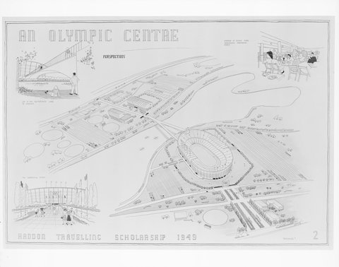 Aerial perspective plan for an Olympic Centre, Albert Park, 1949