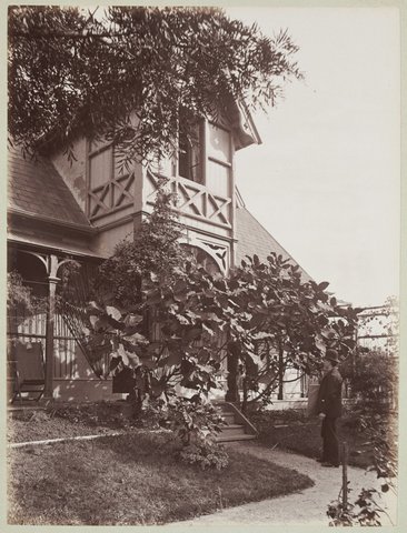 Man approaching verandah steps from garden path at Ethelred, Hawthorn, 1884–94