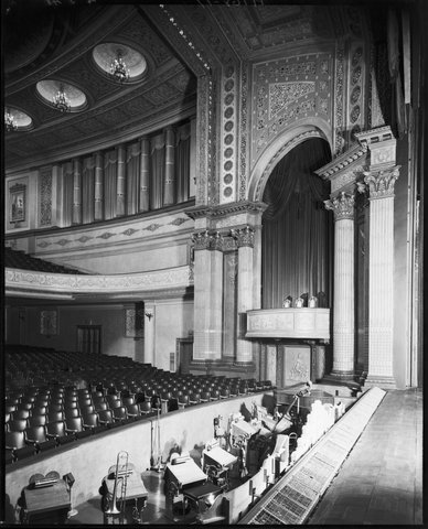 Orchestra pit and front row seats seen from stage, Regent Theatre, Collins Street, Melbourne, 1948