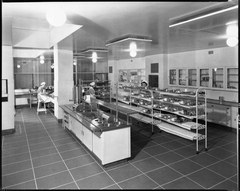 Interior view of industrial kitchen with women preparing meals Royal Melbourne Hospital, 1945