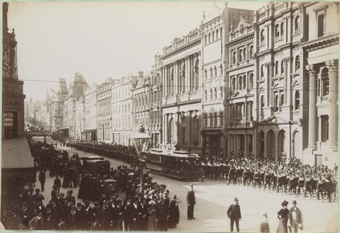 [Procession in honour of Queen Victoria's Jubilee, 1897. Naval forces & cable tram in Collins Street between Elizabeth and Swanston Streets looking south