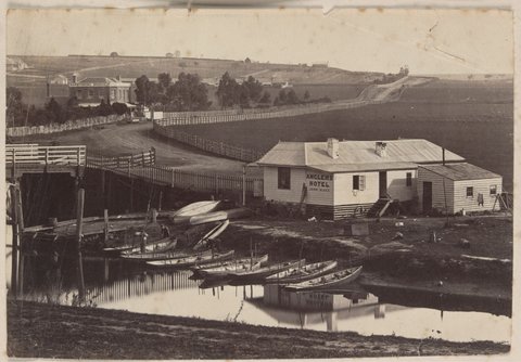 [Maribyrnong Bridge showing Anglers Hotel and Maribynong Bridge Hotel, 1885–87