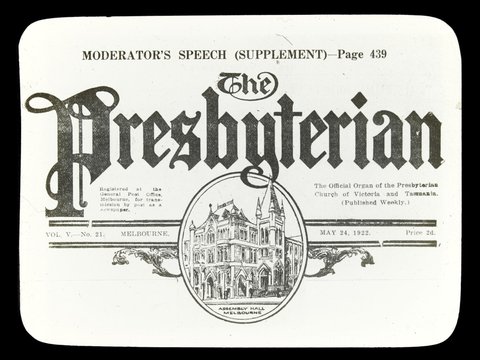 The letterhead of The Presbyterian, the Assembly Hall, Collins Street. May 1922 issue, 1915–24