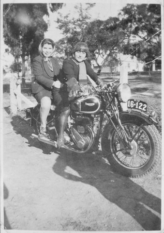 Rita Dalli with her aunt, Jessie Starling, on Jessie's motorbike at Ringwood, 1938-39, 1938–39