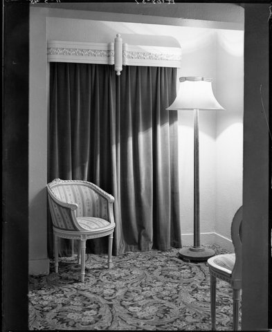 Carpeted area with armchair and curtain, Regent Theatre, Collins Street, Melbourne, 1948