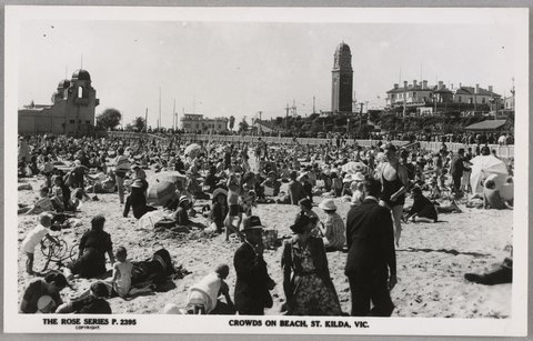 Crowds on beach, St. Kilda, Vic, 1950?