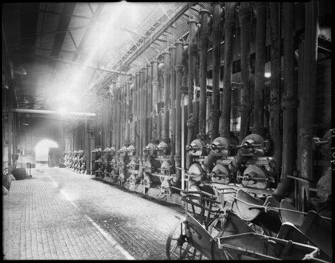 Interior view of row of furnaces in factory, Colonial Gas Association, Box Hill, c. 1945